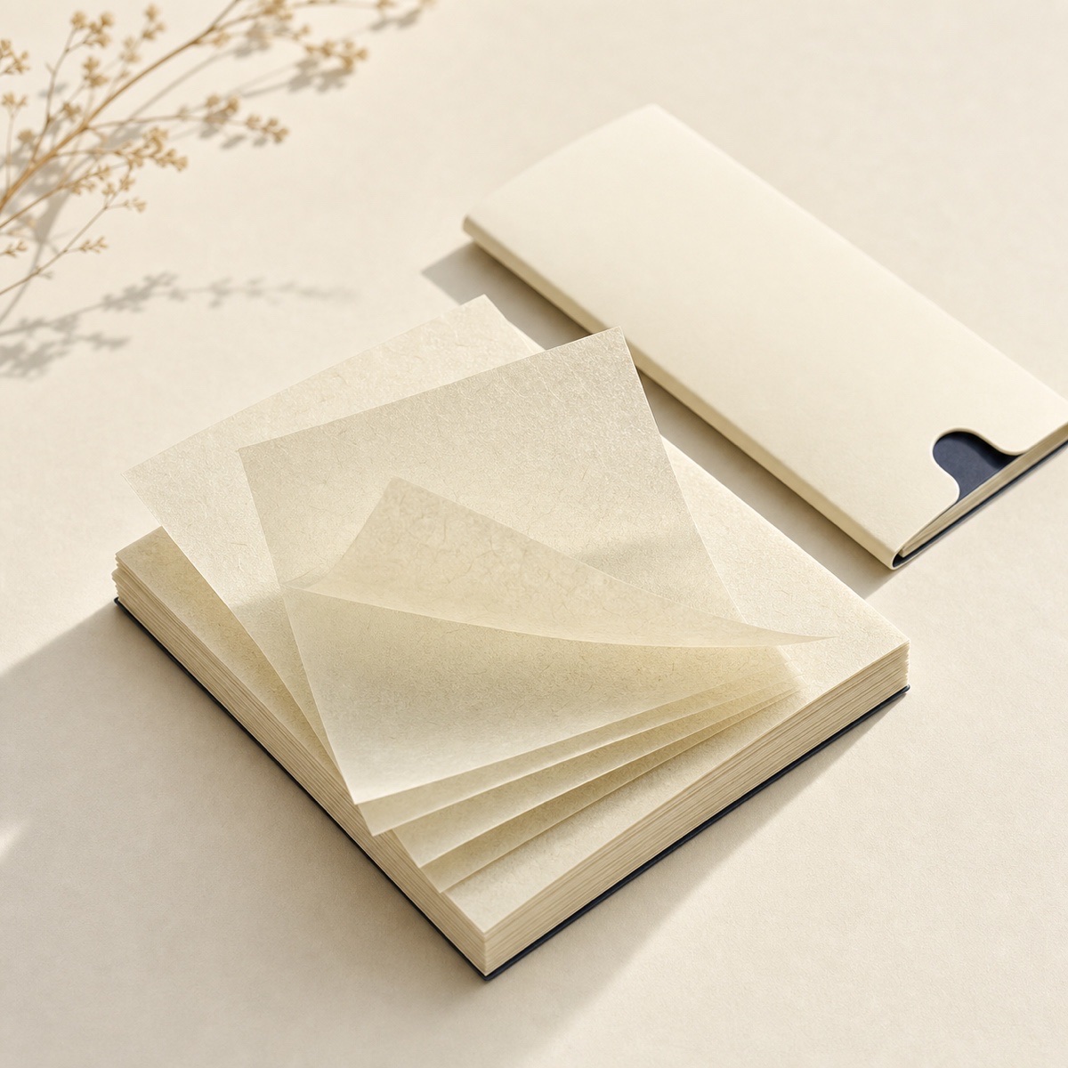 Natural-fibre oil blotting paper booklet with visible fibre texture beside a cream sleeve — concept render
