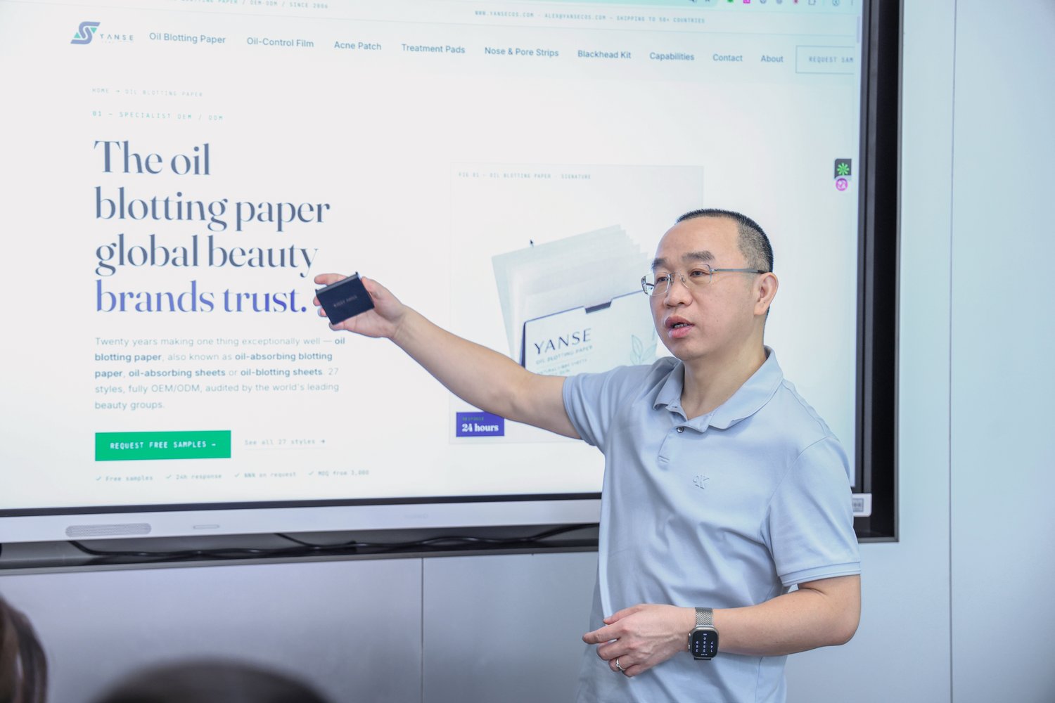 Founder Alex Gao presenting oil blotting paper and acne care OEM engineering
