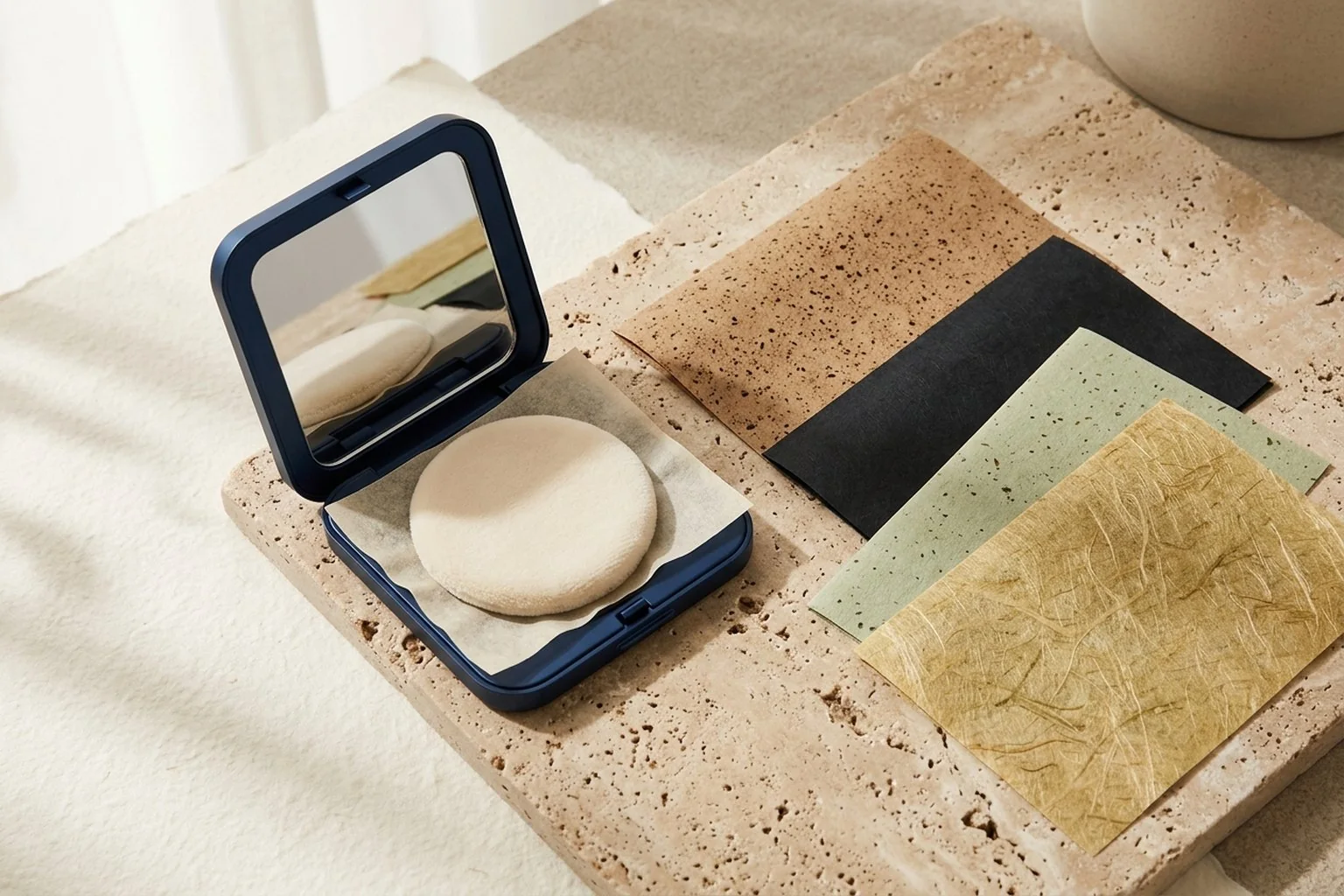 Physical substrate swatch grid of custom oil blotting papers and microporous oil-control films at Fujian Yanse