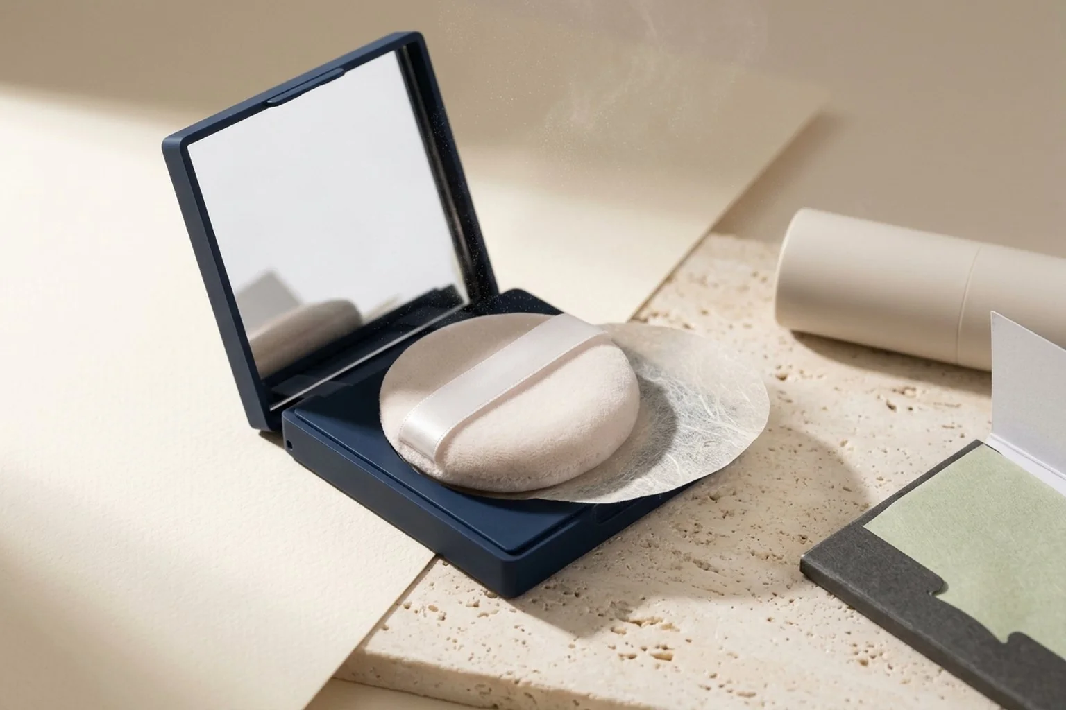 Custom 3-in-1 mirror and adhesive puff compact dispenser for private label oil blotting sheets