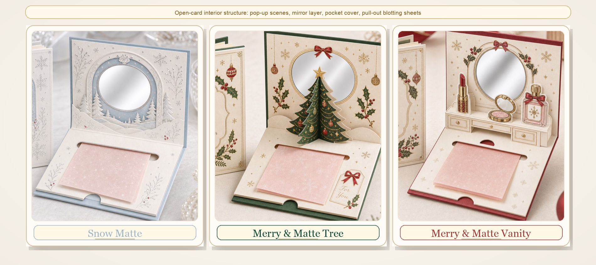 Three open pop-up cards — Snow Matte, Merry & Matte Tree, Merry & Matte Vanity — showing the pop-up scene, mirror layer, pocket cover and pull-out oil-blotting sheets
