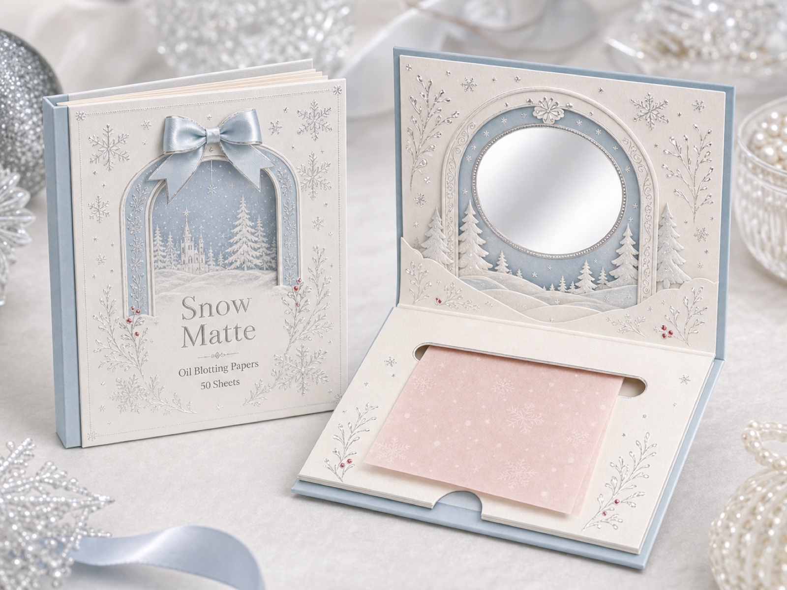 Open Snow Matte pop-up greeting-card blotting paper — winter scene with mirror and pull-out oil-blotting sheets
