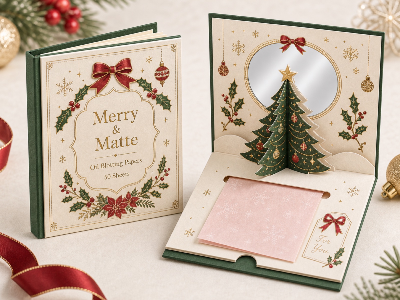 Merry & Matte Tree pop-up card — Christmas tree with mirror and pull-out blotting sheets