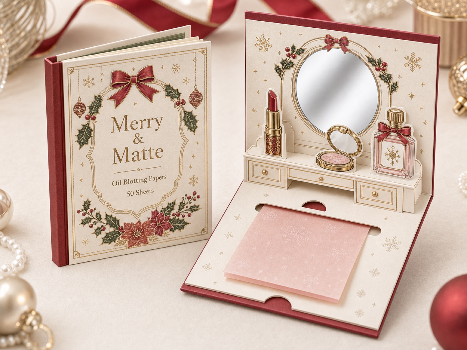 Merry & Matte Vanity pop-up card — vanity with lipstick, perfume, mirror and pull-out blotting sheets