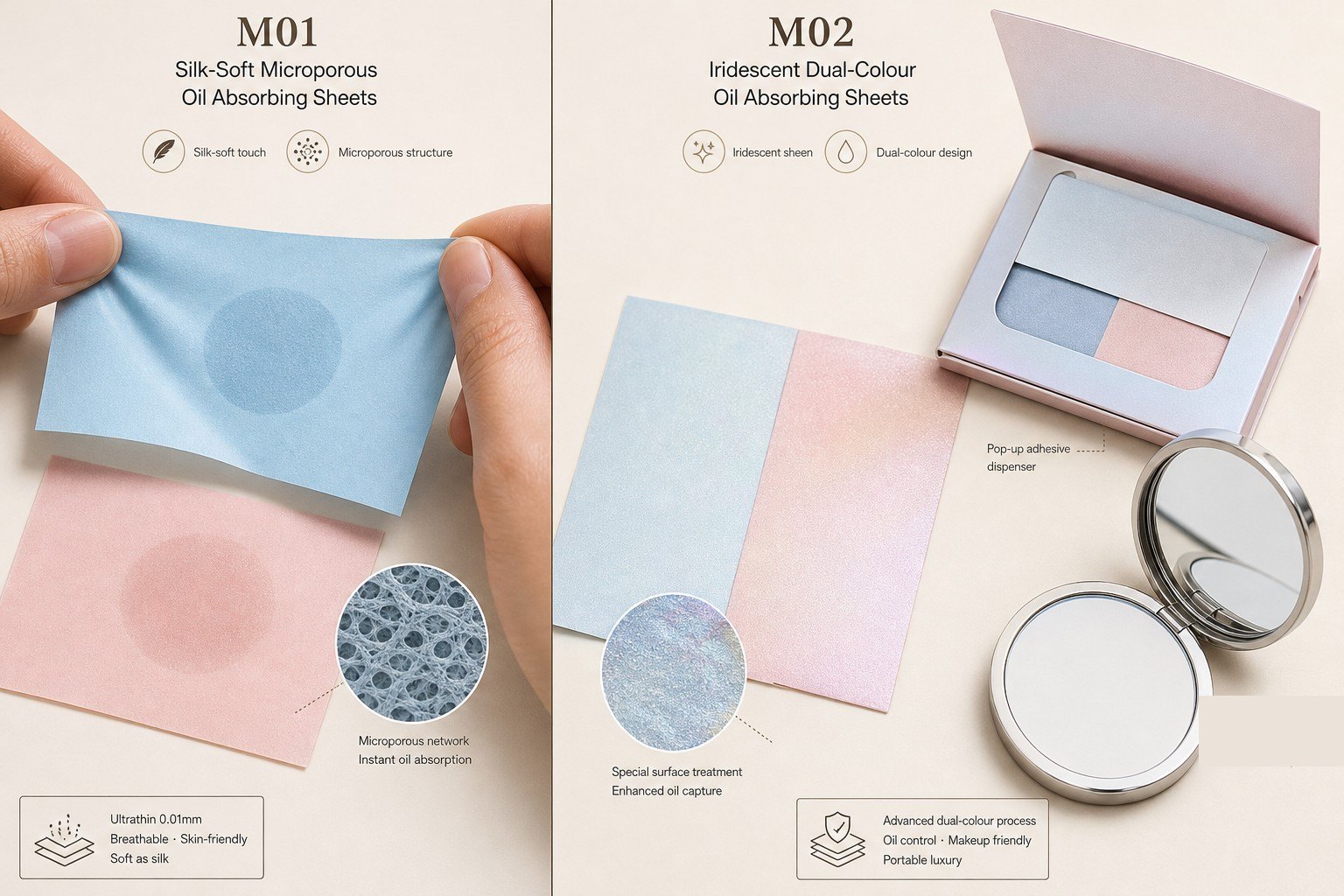 Mirror compact puff blotting paper, powder-coated sheets and M01/M02 oil-control film