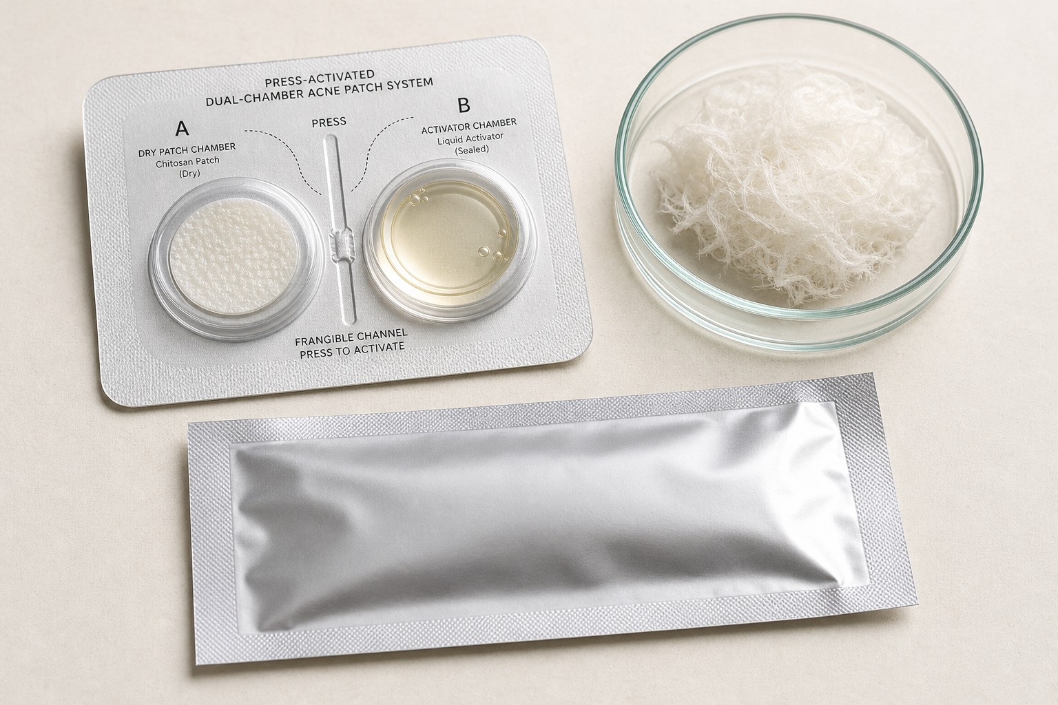 YANSE COS chitosan skincare and press-activated dual-chamber specimen (material developed; retail packaging in final design under NDA)