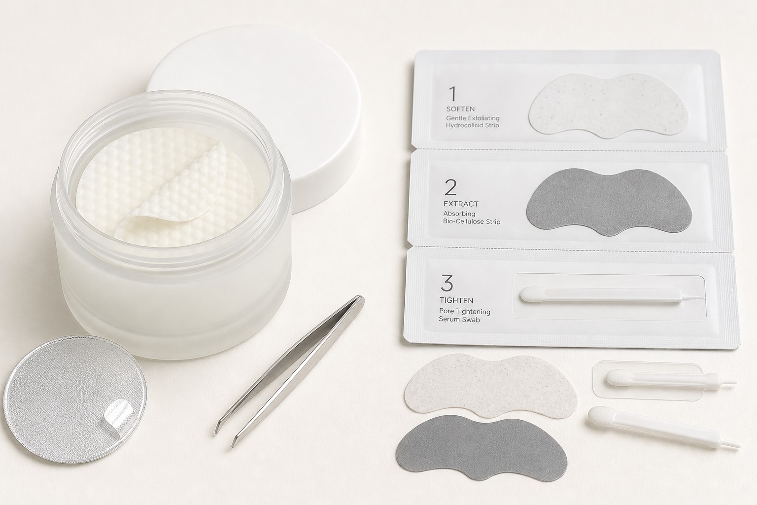 YANSE COS dual-textured BHA/PHA toner pads jar with tweezers and pore care strips