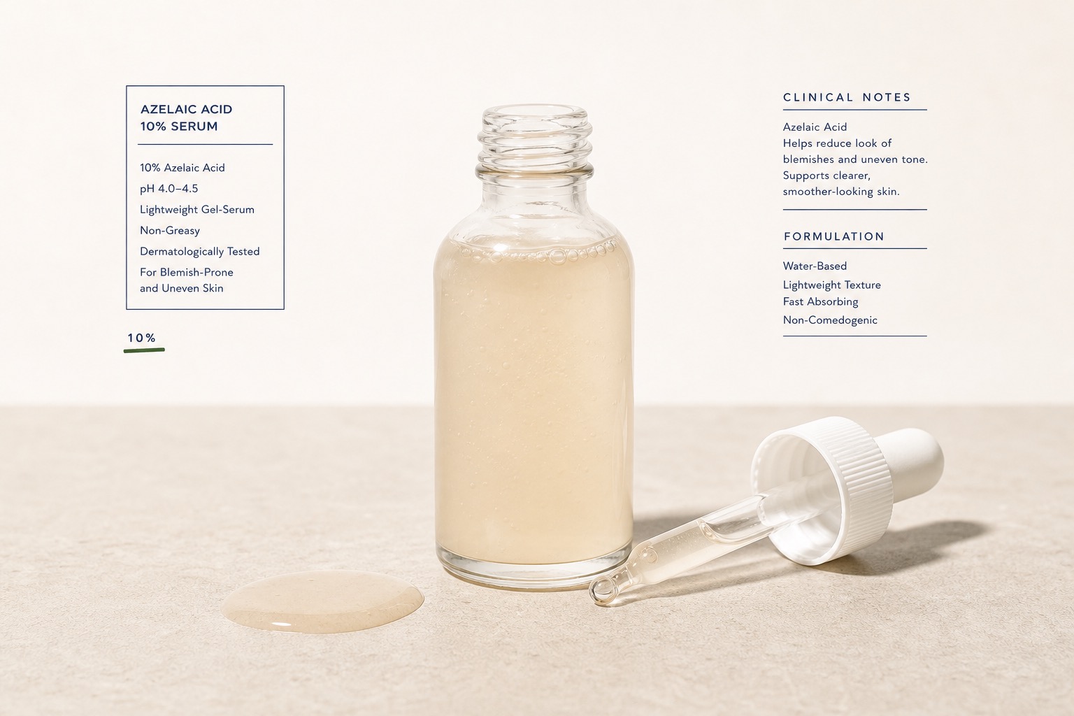 Azelaic acid 10% serum — concept render (real photo to follow)