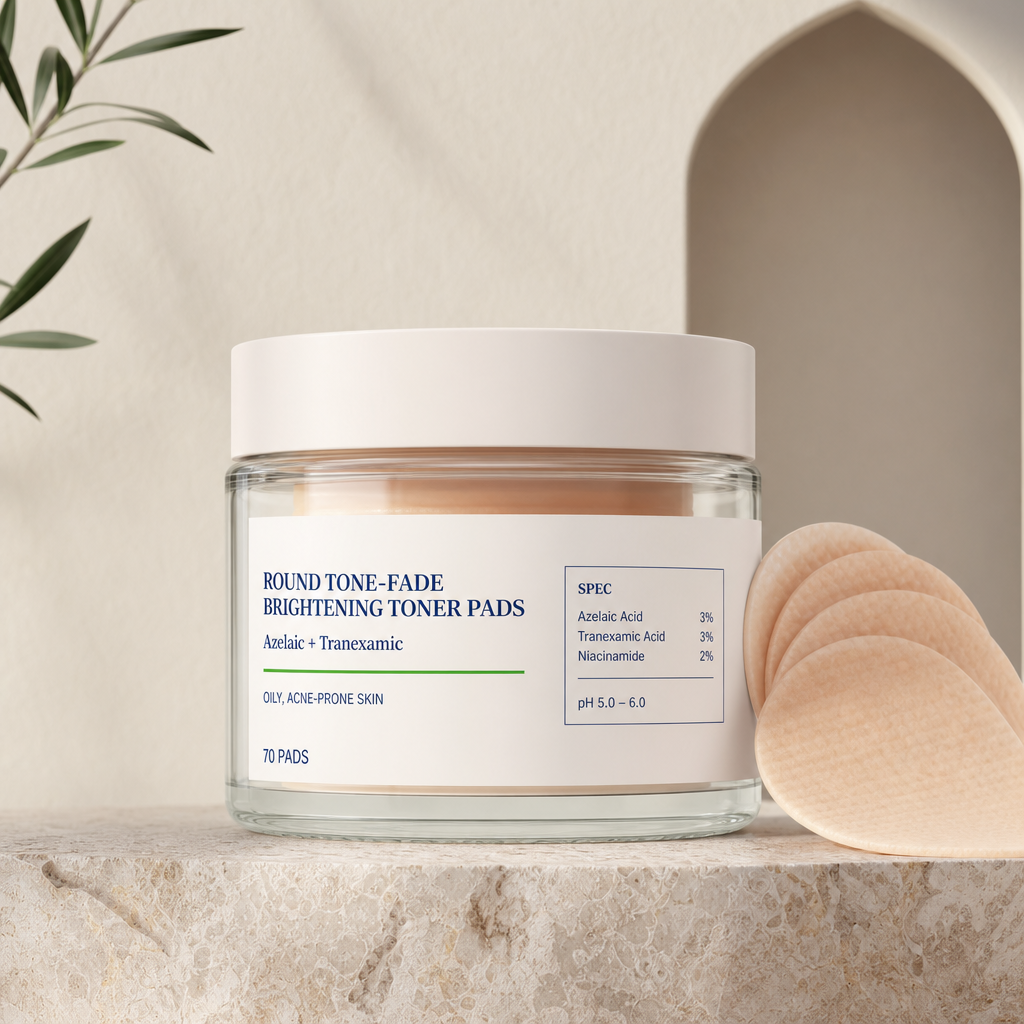 Azelaic and tranexamic tone-fade brightening toner pads for the Gulf — concept render (real photo to follow)