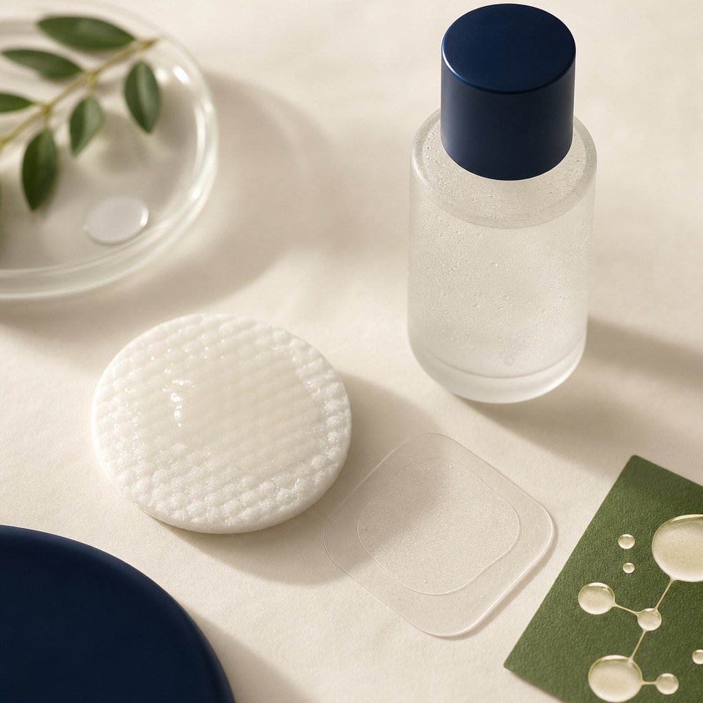Ceramide barrier repair pads and hydrocolloid barrier patches — concept render (real photo to follow)