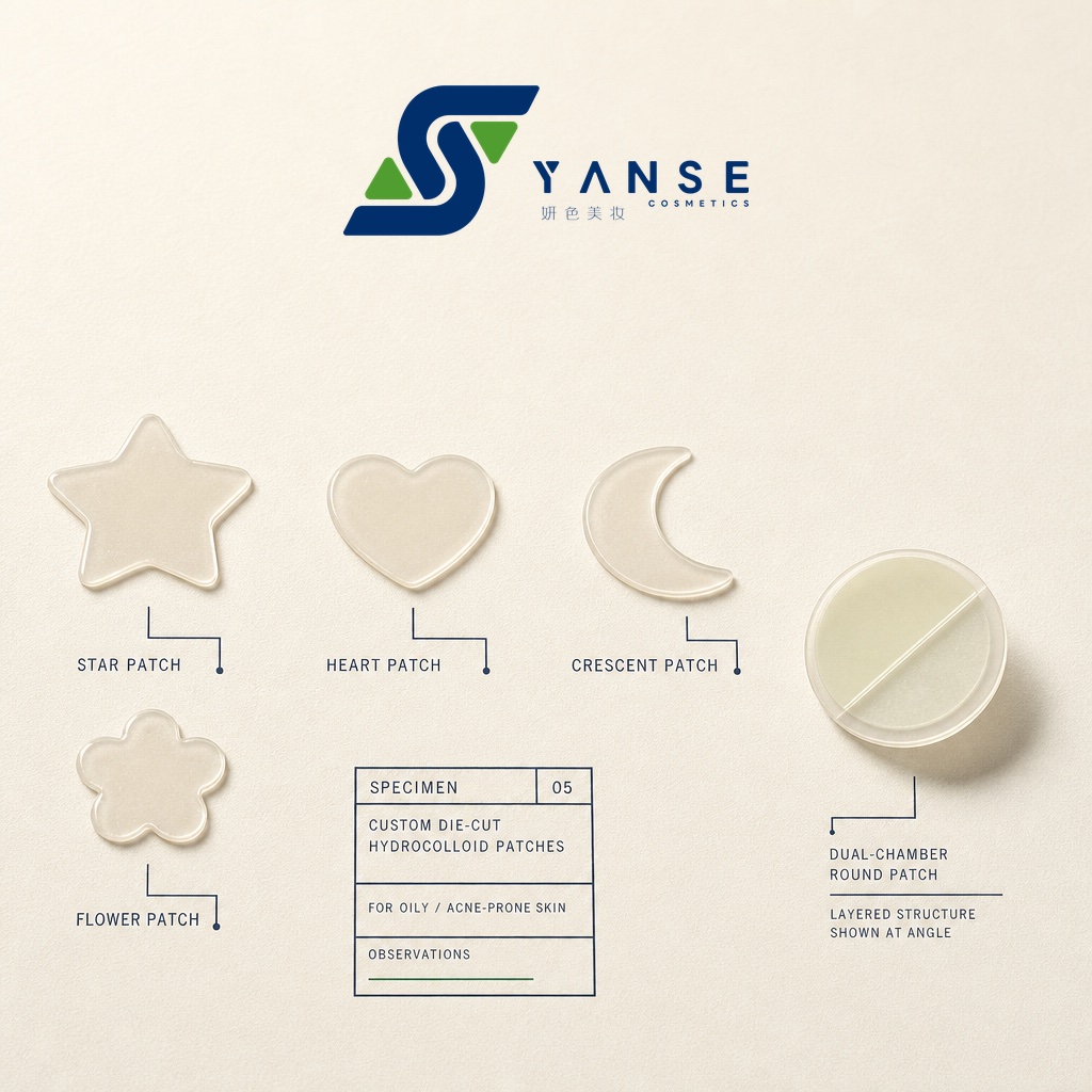 Custom die-cut hydrocolloid pimple patches and a chitosan dual-chamber patch — concept render (real photo to follow)