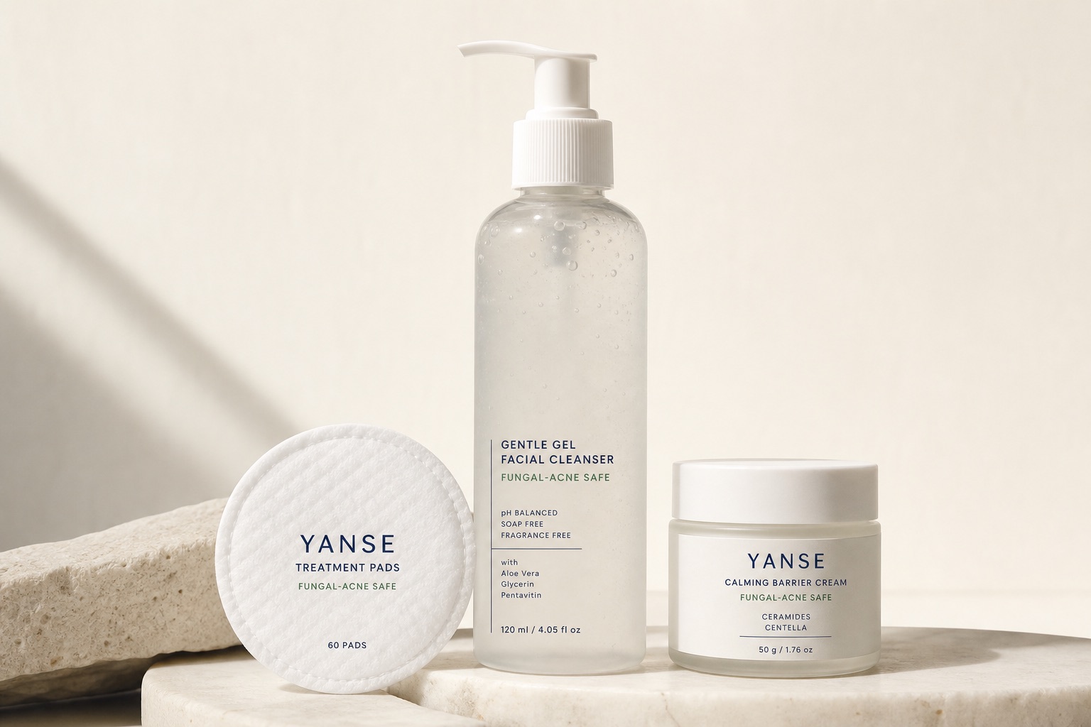 Fungal-acne-safe gel cleanser and treatment pad — concept render (real photo to follow)