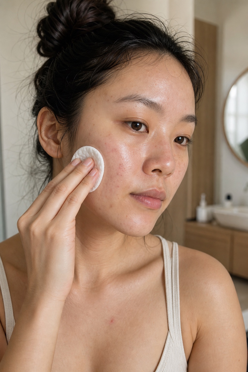swiping a glycolic acid AHA pad across her cheek for glow