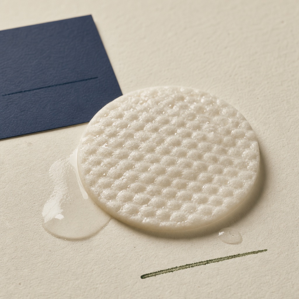 a round embossed textured exfoliating cotton pad soaked in clear glycolic AHA essence beside a jar