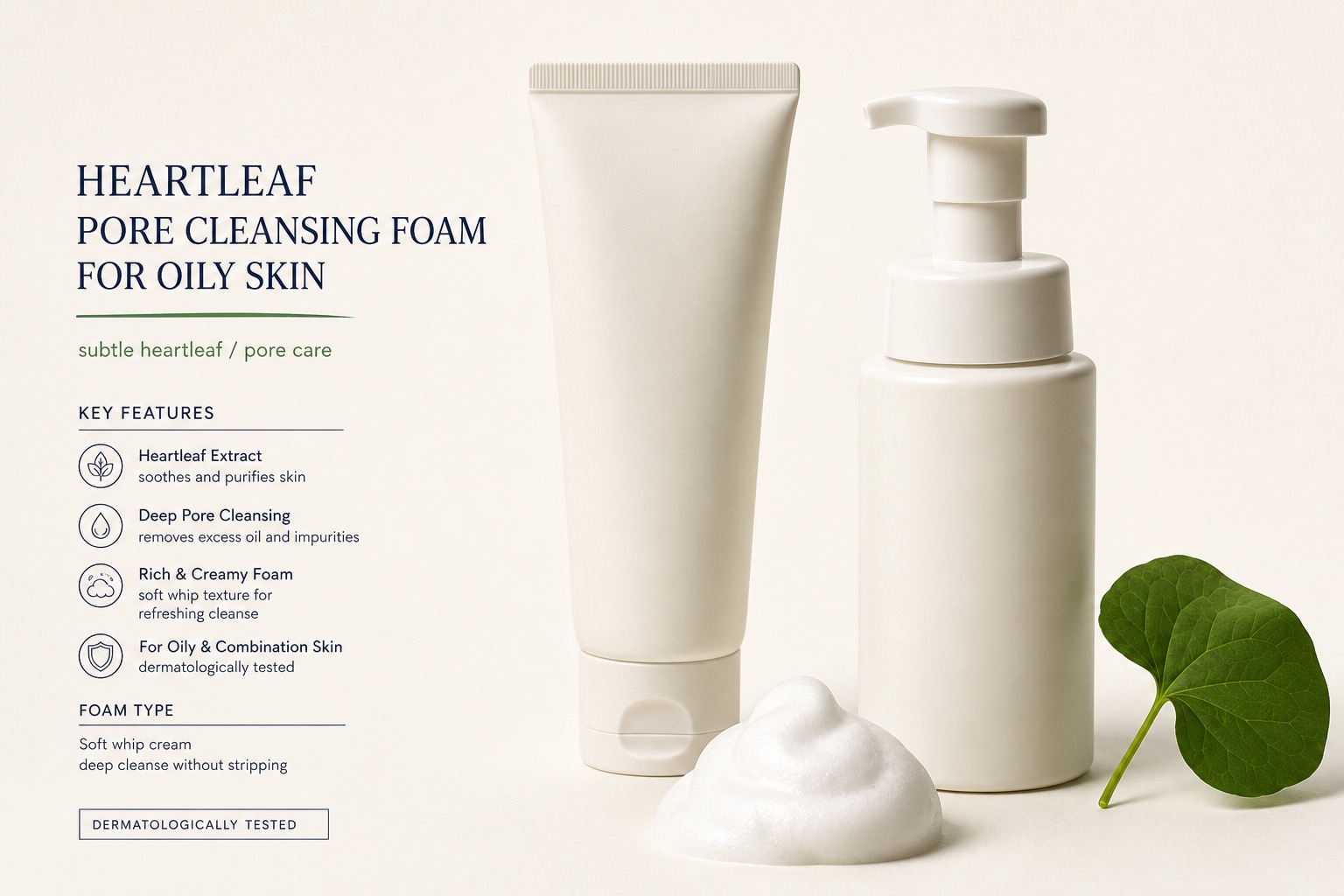 Heartleaf pore-cleansing foam — concept render (real photo to follow)
