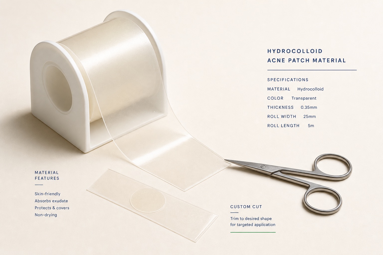 Hydrocolloid pimple patch roll and tape — concept render (real photo to follow)