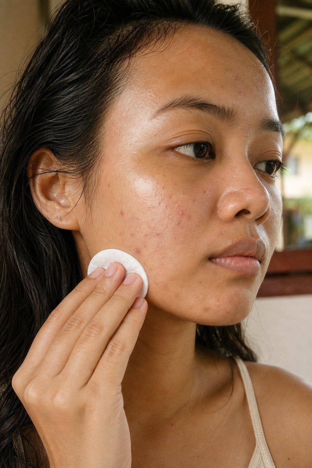 Sweeping a treatment pad across the jawline in warm tropical daylight