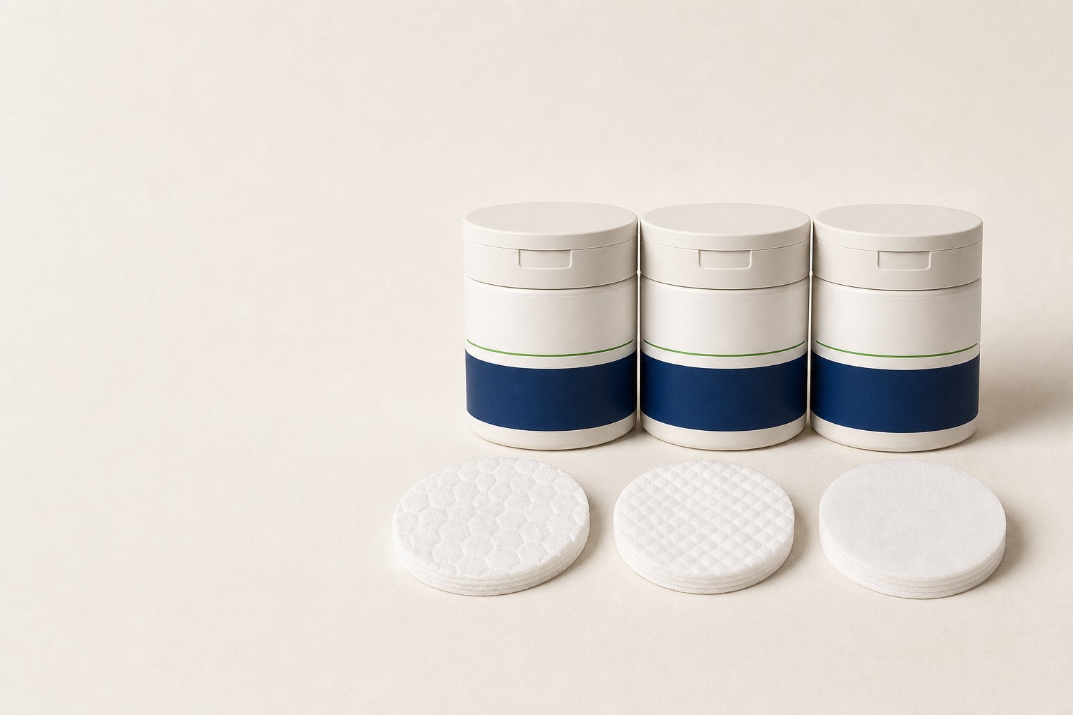 Three Halal treatment pad jars for the Indonesian market — salicylic, azelaic and chitosan barrier pads — concept render