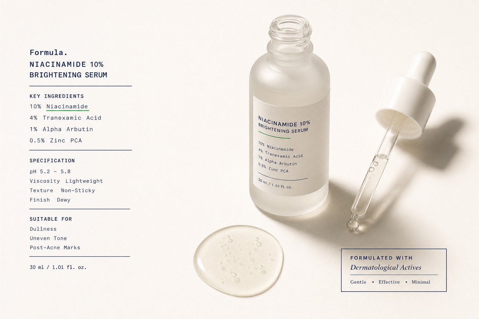 Niacinamide + tranexamic acid serum — concept render (real photo to follow)