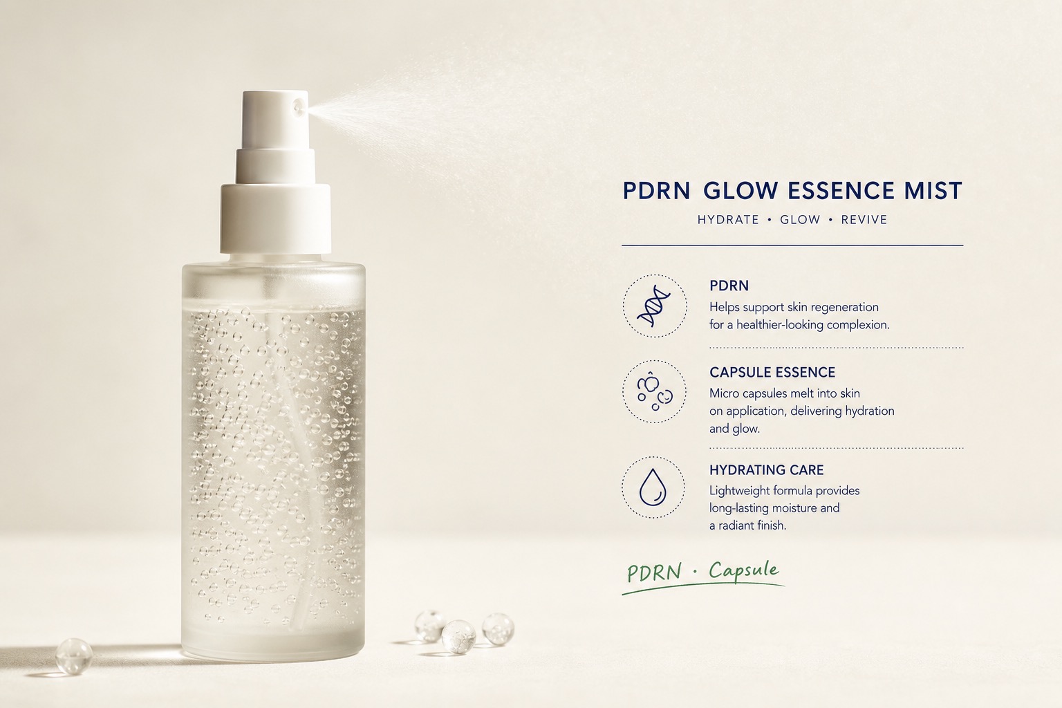 PDRN capsule glow mist — concept render (real photo to follow)