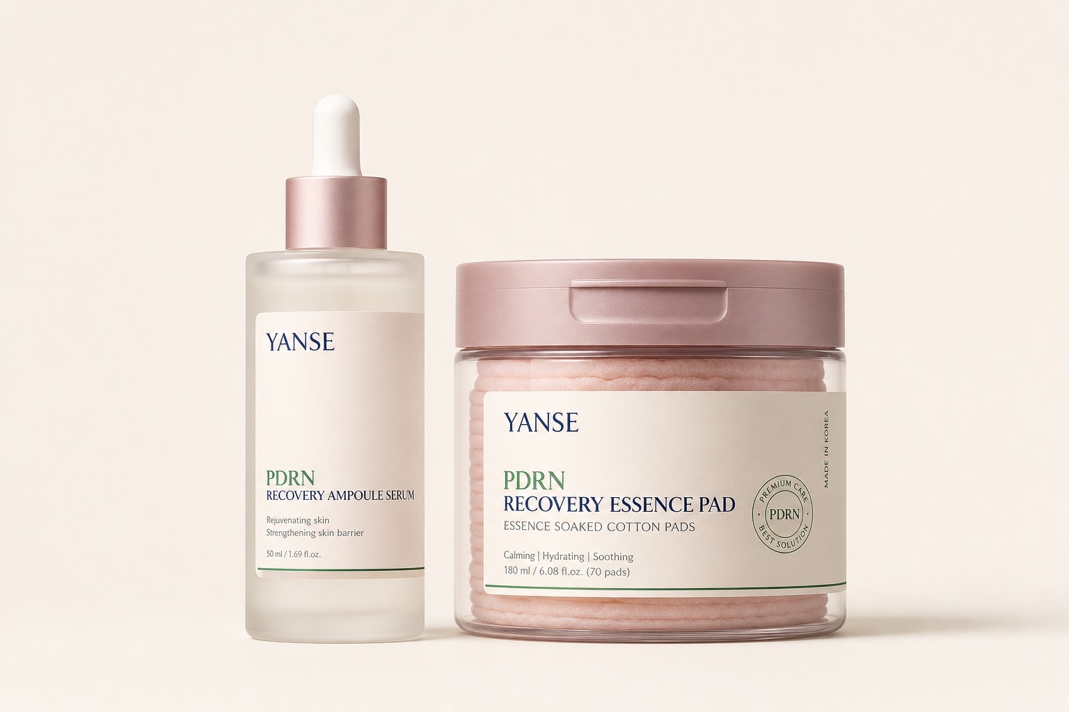 PDRN recovery ampoule serum and essence pad — concept render (real photo to follow)