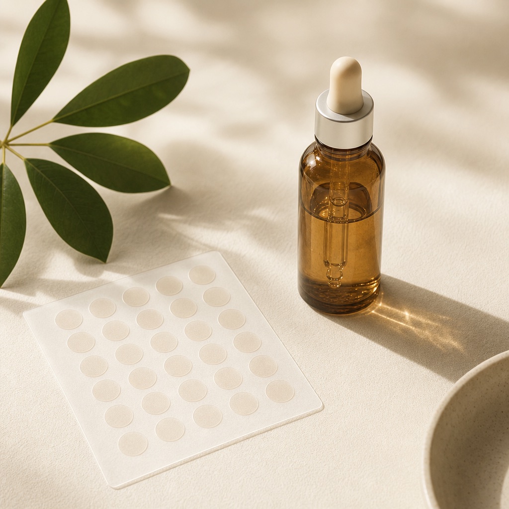 Post-acne dark-spot fading patches with a serum dropper — concept render (real photo to follow)