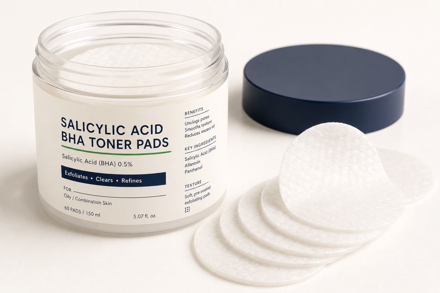 Salicylic acid BHA toner pads — concept render (real photo to follow)