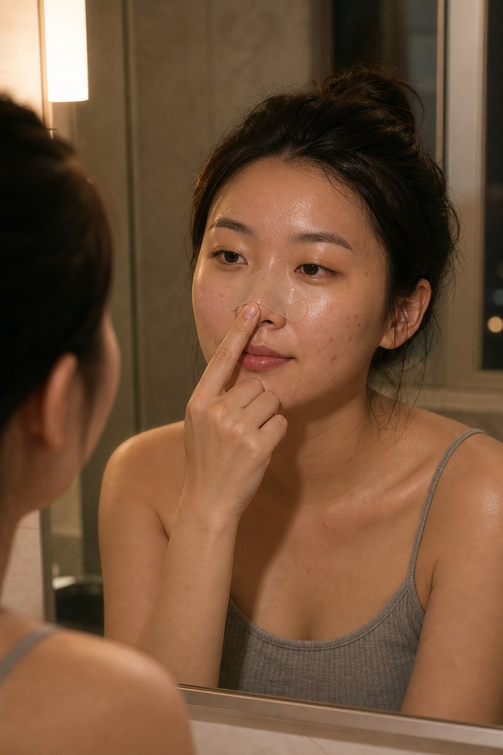 Applying a clear hydrocolloid nose strip in front of a mirror at night