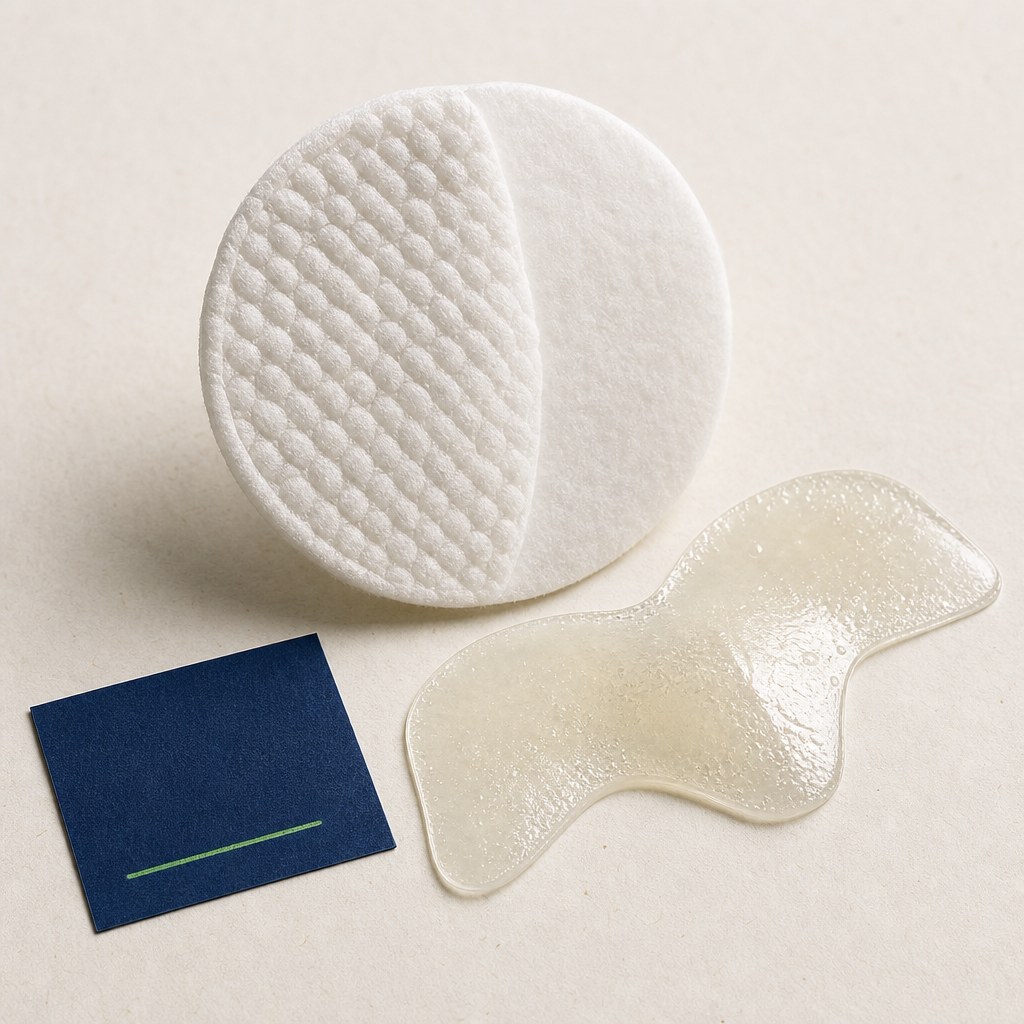 Macro detail of a dual-textured pore pad beside a hydrocolloid nose strip on cream paper