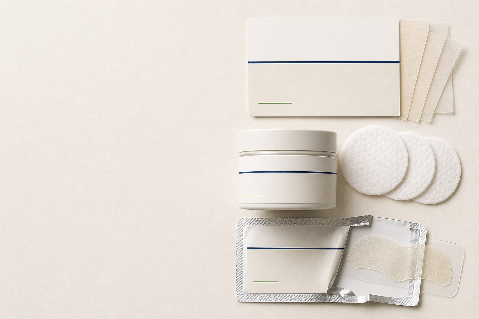 Three-step sebaceous filament pore care set — oil blotting paper, pore pad jar and hydrocolloid nose strip sachet — concept render