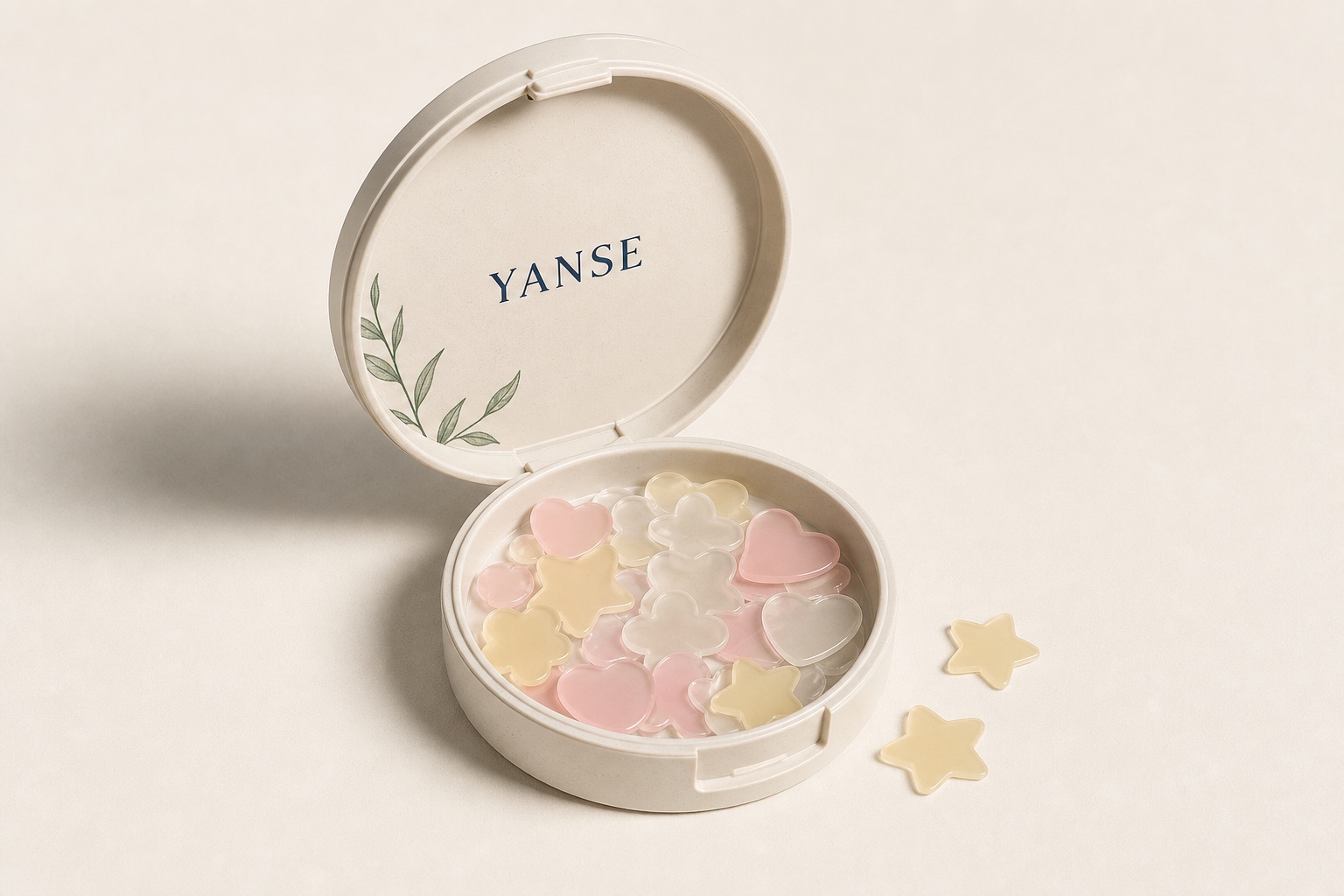 Decorative star and heart shaped hydrocolloid pimple patches — concept render (real photo to follow)