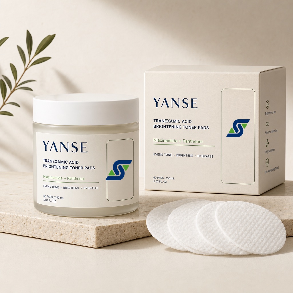 Tranexamic acid brightening toner pads — concept render (real photo to follow)